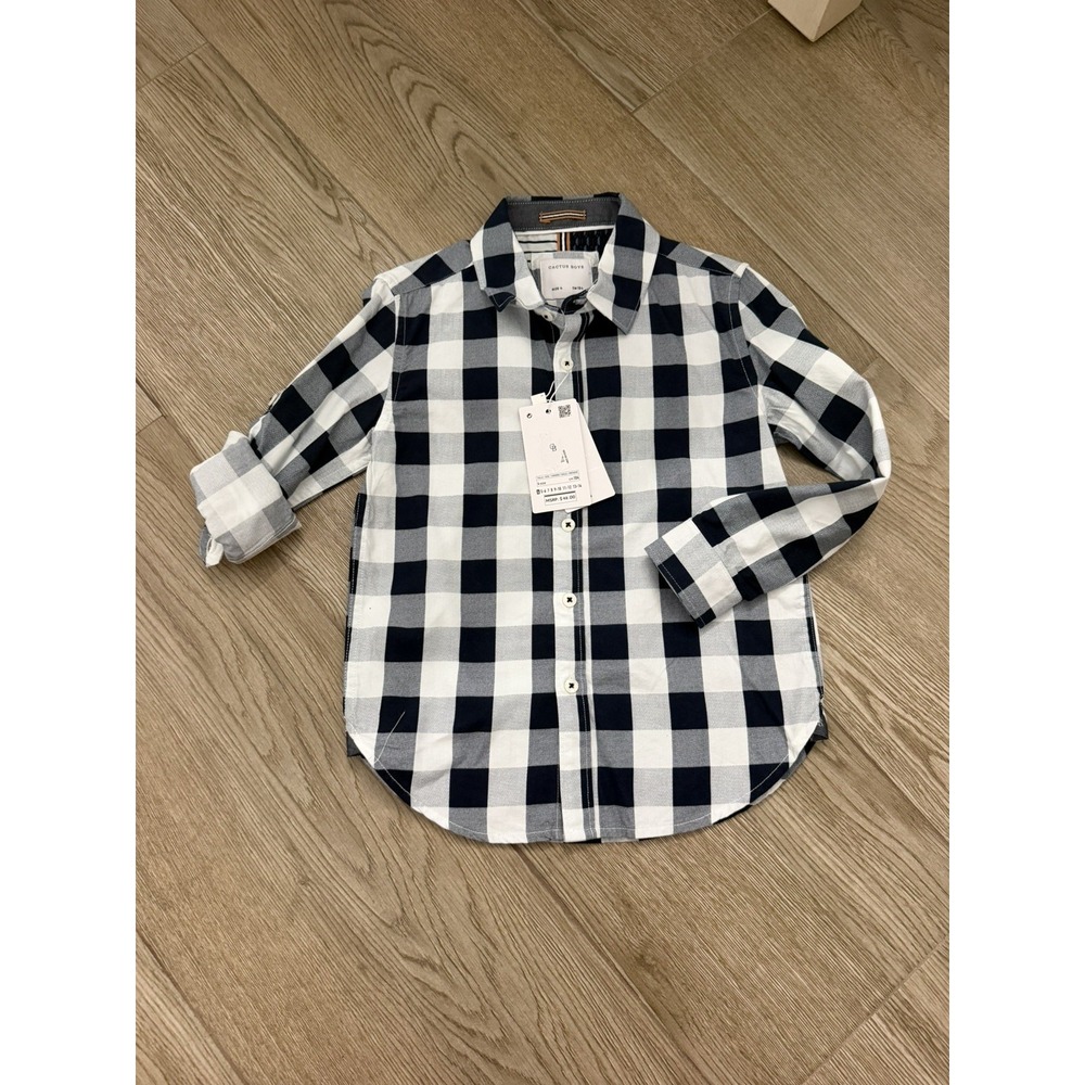 Cactus Boys Collared Button-Up Shirt Blue Checkered Sz 4 Long Sleeve with tags